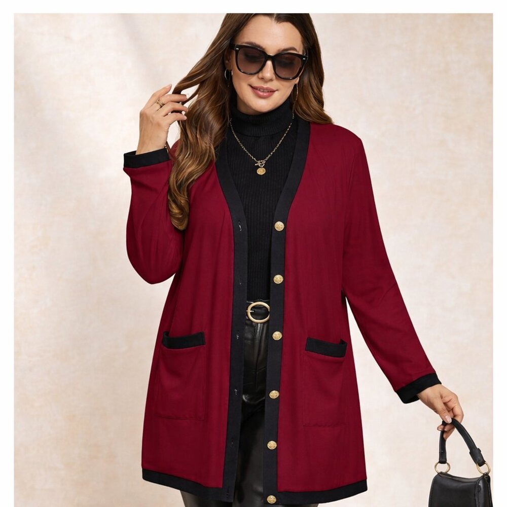 ✨ Burgundy Contrast Trim Longline Cardigan | 4XL (US 20)